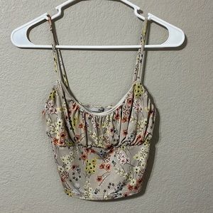 Papaya tan silk crop top with flowers NWOT